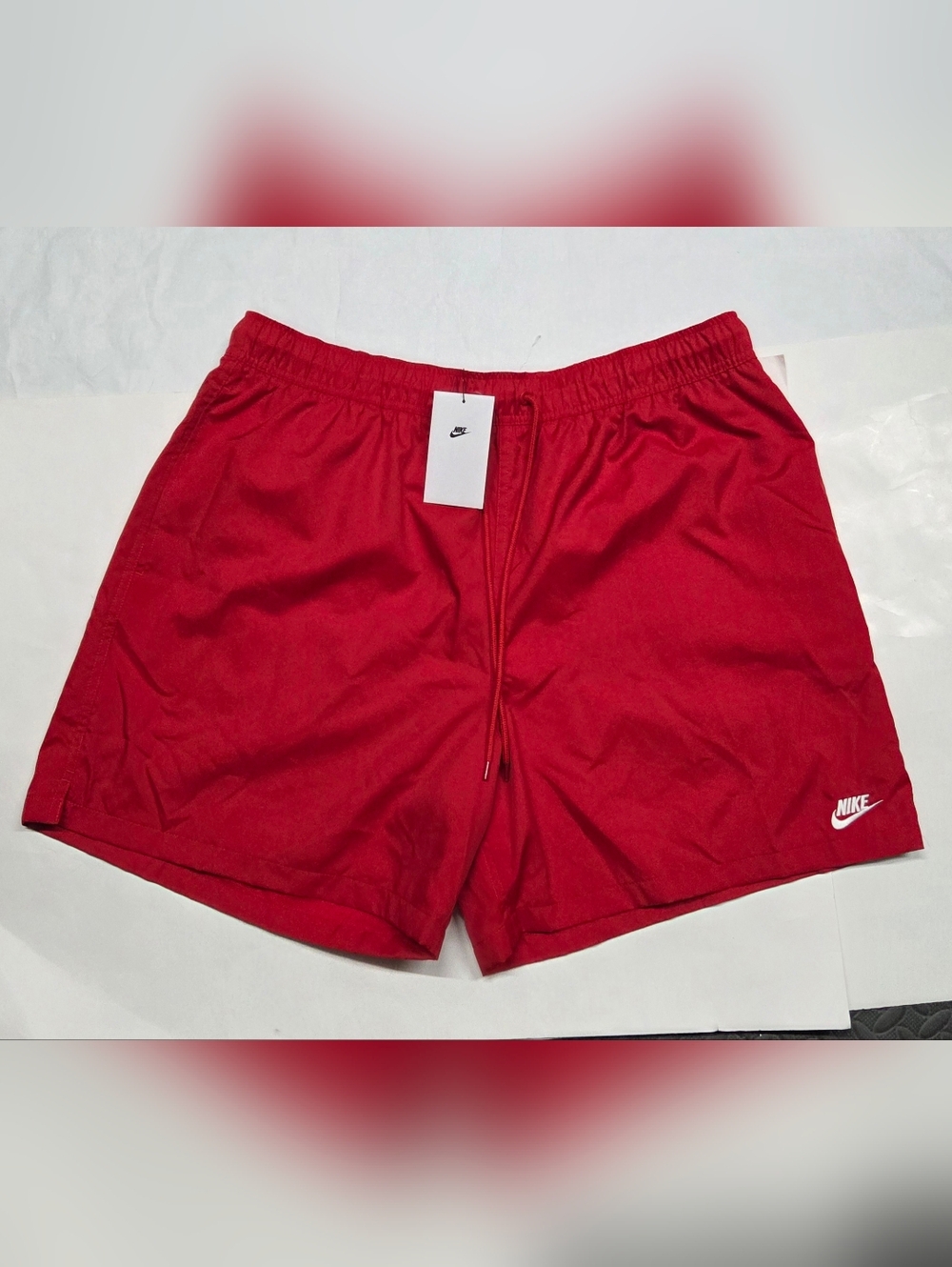 Nike Club Woven Flow Shorts Mens XL Red White Swoosh Above The Knee W/ Pockets